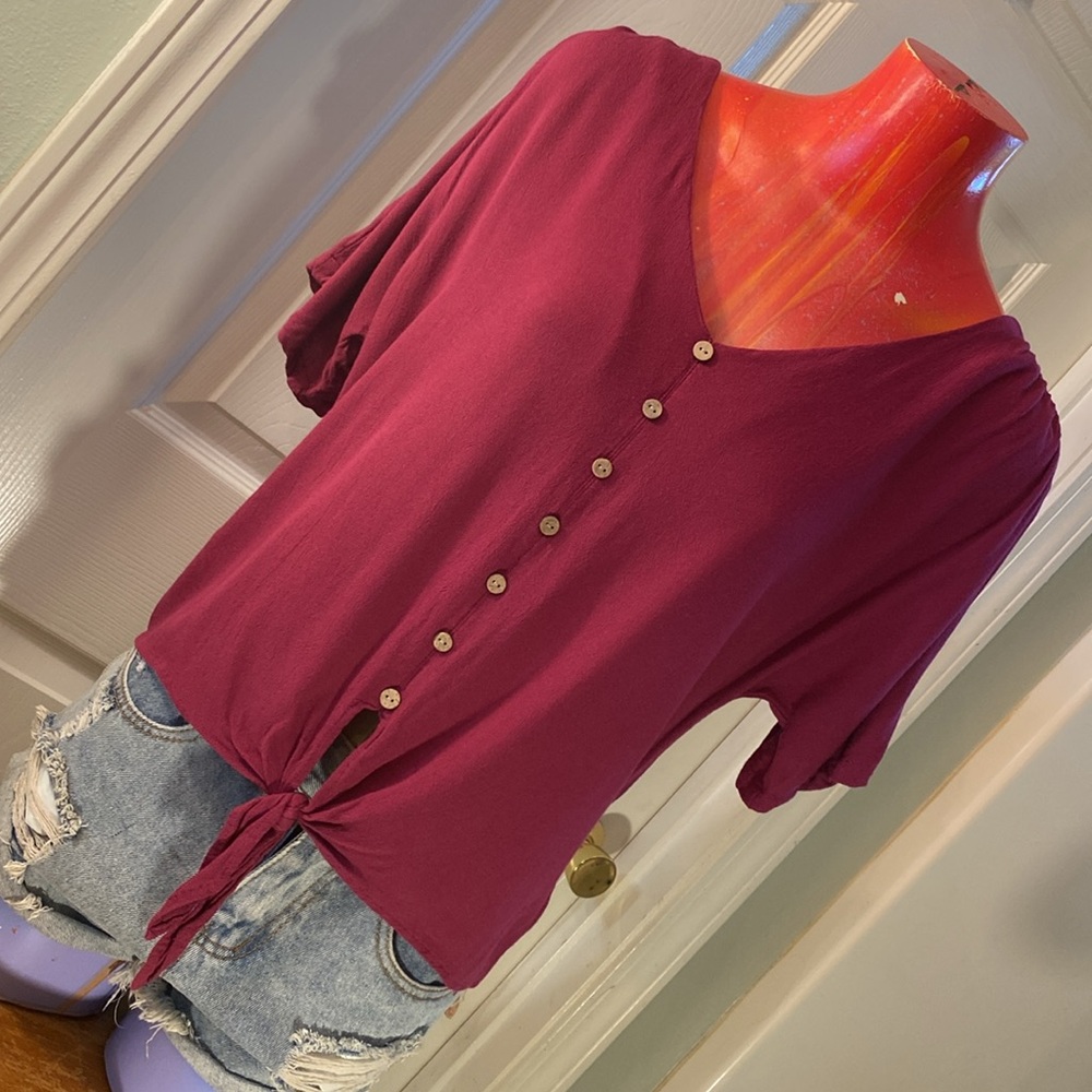 Blue Rain Short Sleeve Tie Front Blouse